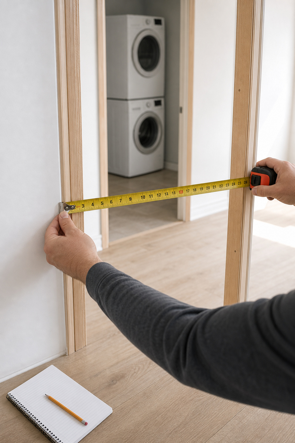 Person measuring the width of a laundry room door opening with a steel tape measure to determine the correct barn door size