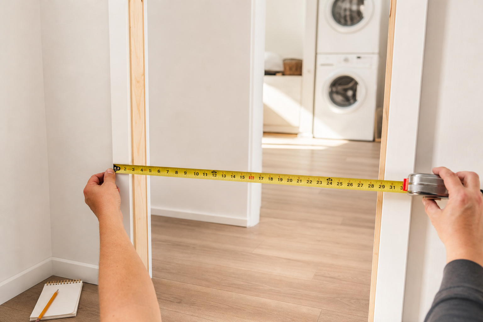 Person measuring the width of a laundry room door opening with a steel tape measure to determine the correct barn door size