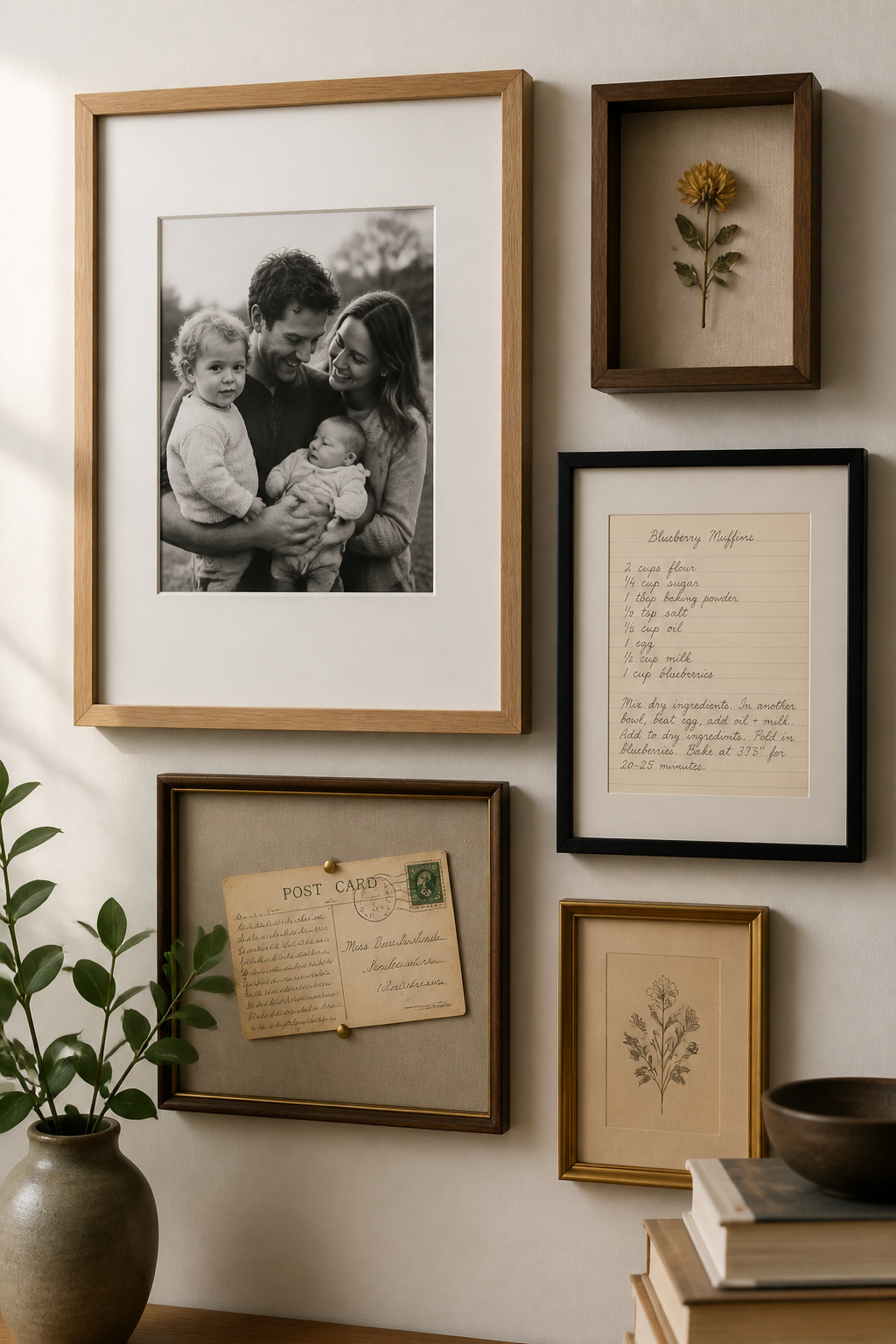 Close-up detail of a memento wall with family photos, shadow box with pressed flower, and framed handwritten recipe card