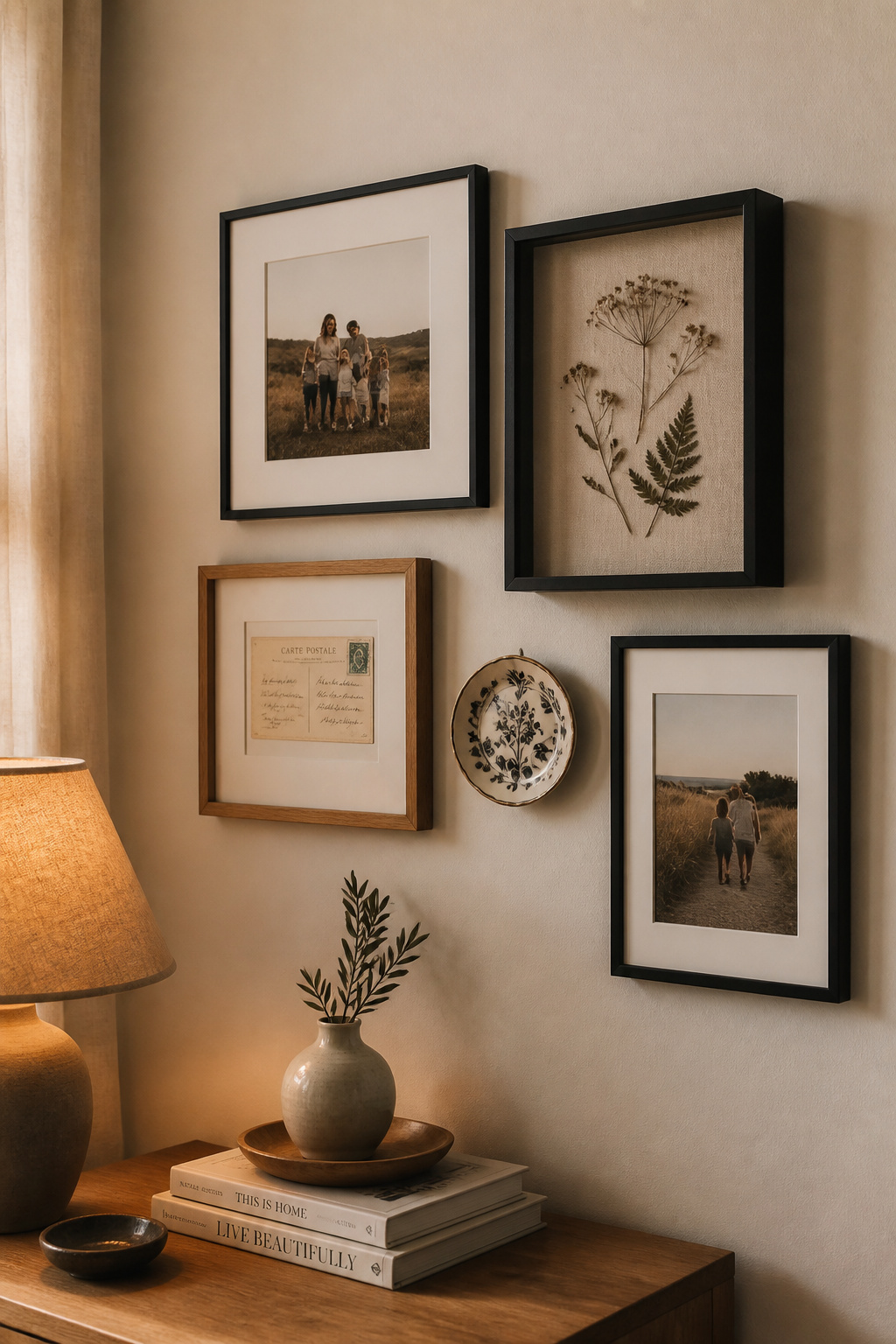 Living room memento wall showing family photos mixed with shadow box holding pressed botanicals and a decorative plate, in a consistent black and oak frame family
