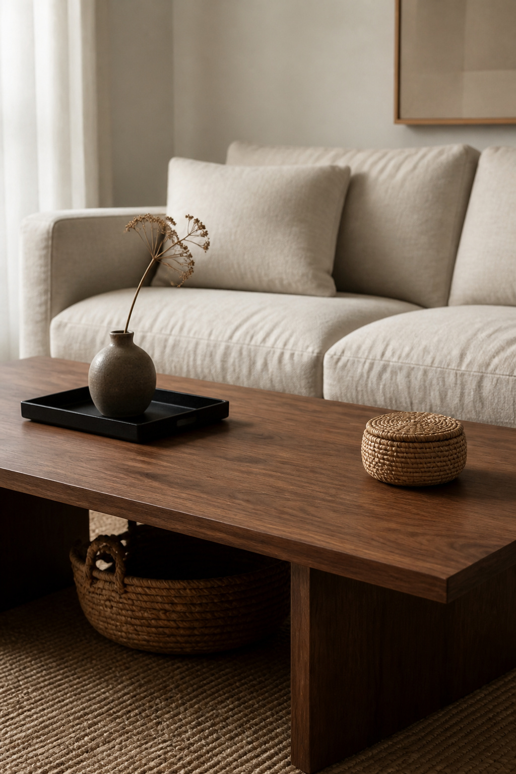 A walnut coffee table with a minimalist stoneware tray vignette in the left third, a small lidded seagrass basket for daily items in the right third, and a larger woven basket visible underneath — demonstrating the functional storage system that keeps a minimalist table styled in daily life