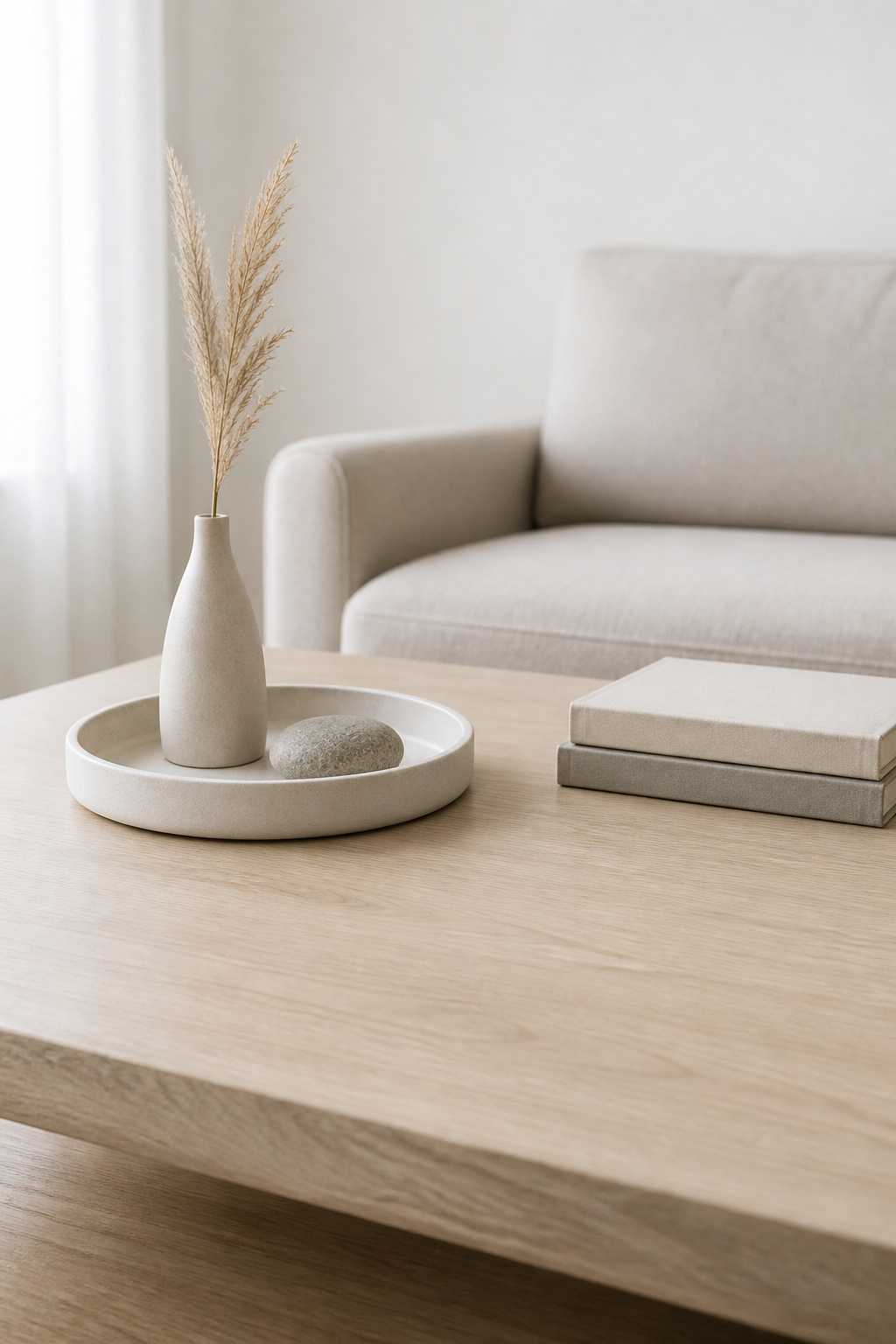 A pale ash coffee table with one stoneware tray containing a ceramic bud vase and river stone alongside a small book stack, demonstrating minimalist coffee table decor with deliberate negative space