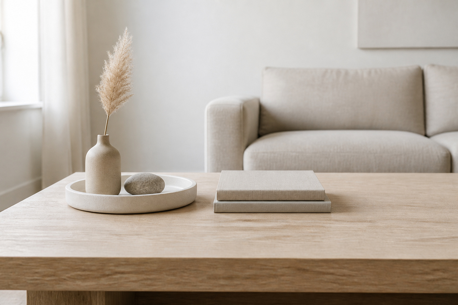 A pale ash coffee table with one stoneware tray containing a ceramic bud vase and river stone alongside a small book stack, demonstrating minimalist coffee table decor with deliberate negative space
