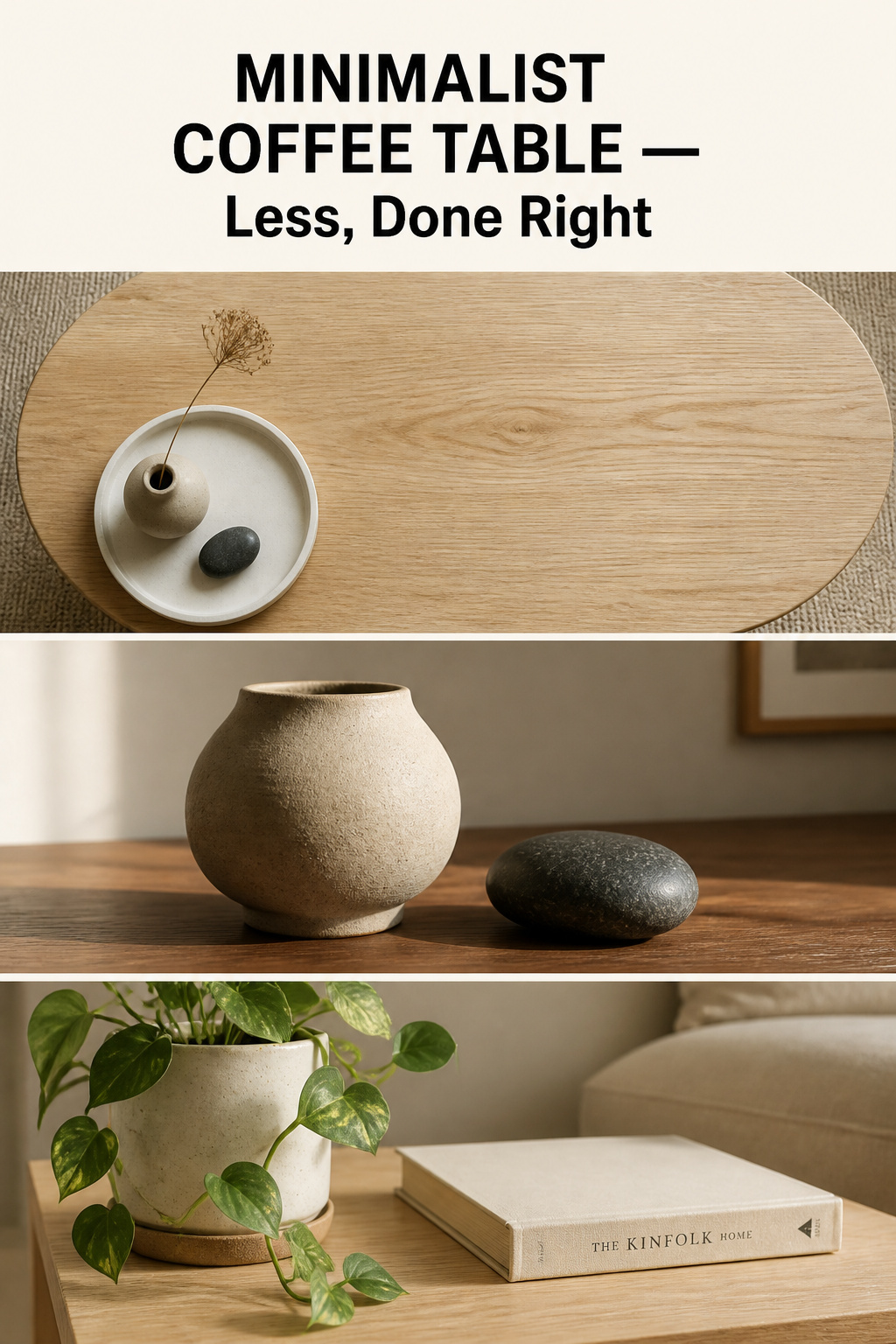 Pinterest collage showing three minimalist coffee table decor arrangements — overhead view of a tray with single bud vase and stone, close-up of matte stoneware beside a basalt stone, and a trailing pothos next to a linen-spined book — with headline 'Minimalist Coffee Table: Less, Done Right'