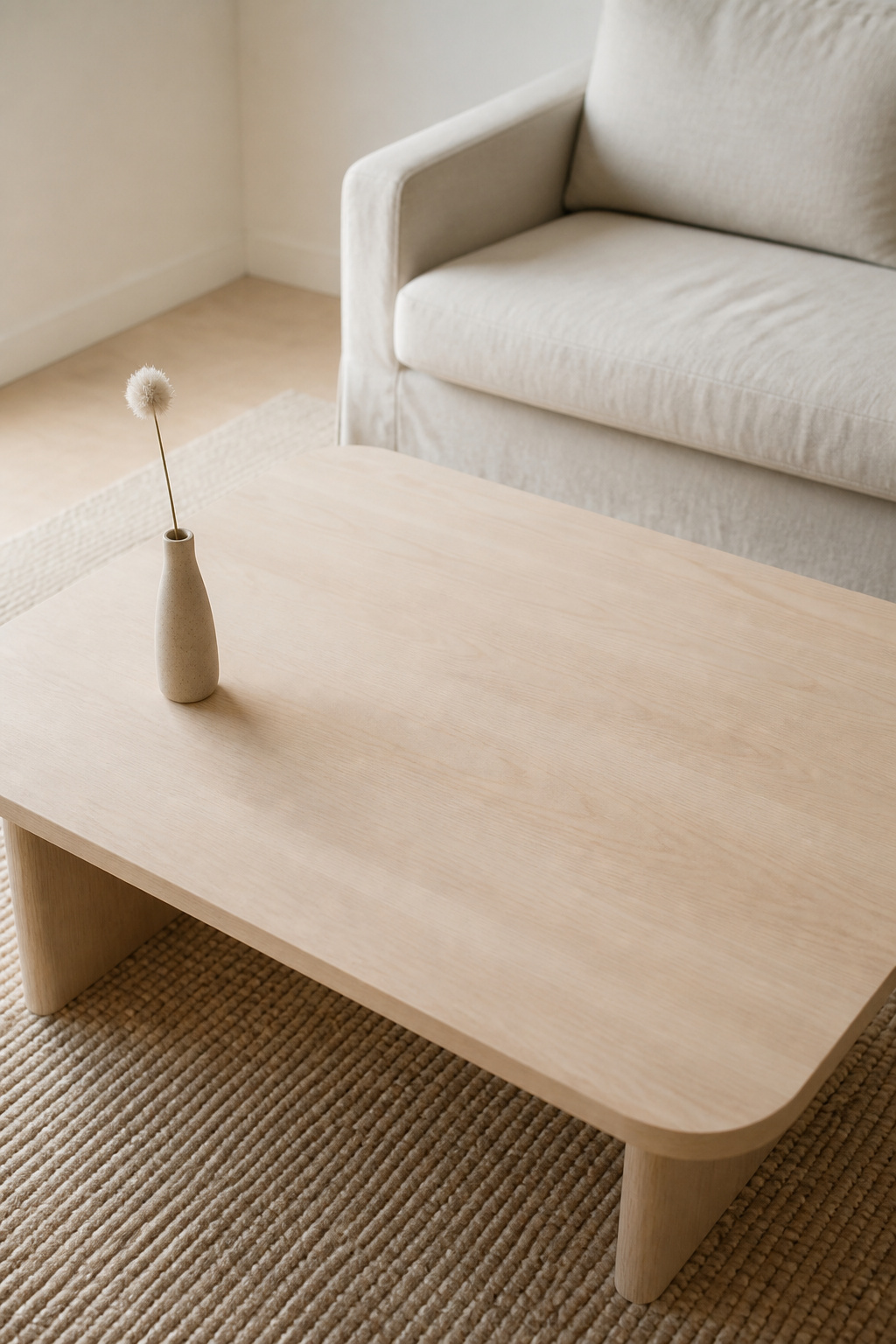 A pale birch coffee table with a single unglazed stoneware vase holding a dried cottongrass stem and the majority of the surface left empty, illustrating the lagom principle of exactly enough