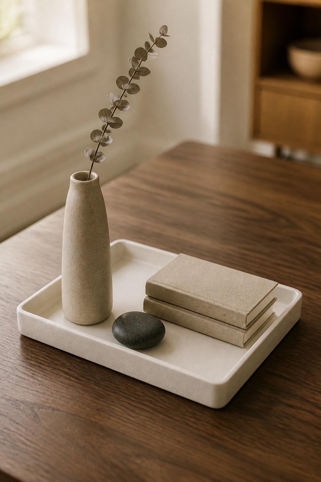 A white ceramic tray on a walnut coffee table containing exactly three objects — an unglazed stoneware vase with a dried eucalyptus branch, a basalt stone, and a small book stack — illustrating the minimalist three-object kit