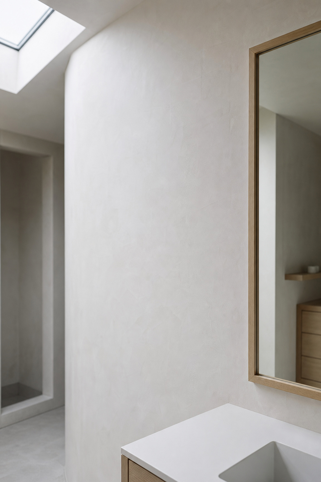 Bare white bathroom with an empty mirror wall showing the wall and ceiling geometry before any fixtures are chosen