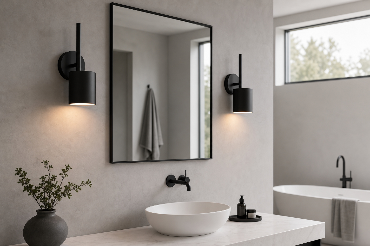 Matte black wall sconces flanking a rectangular bathroom mirror above a white stone vanity countertop in a modern bathroom
