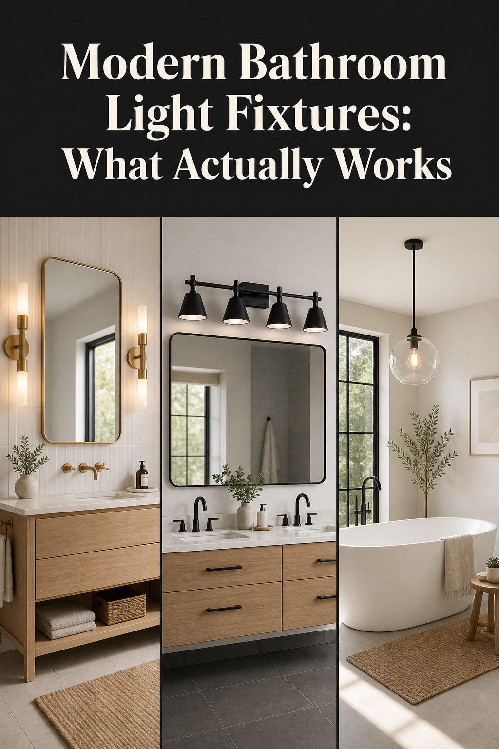 Three-panel collage showing bathroom sconces, a vanity bar, and a pendant light above a freestanding bath