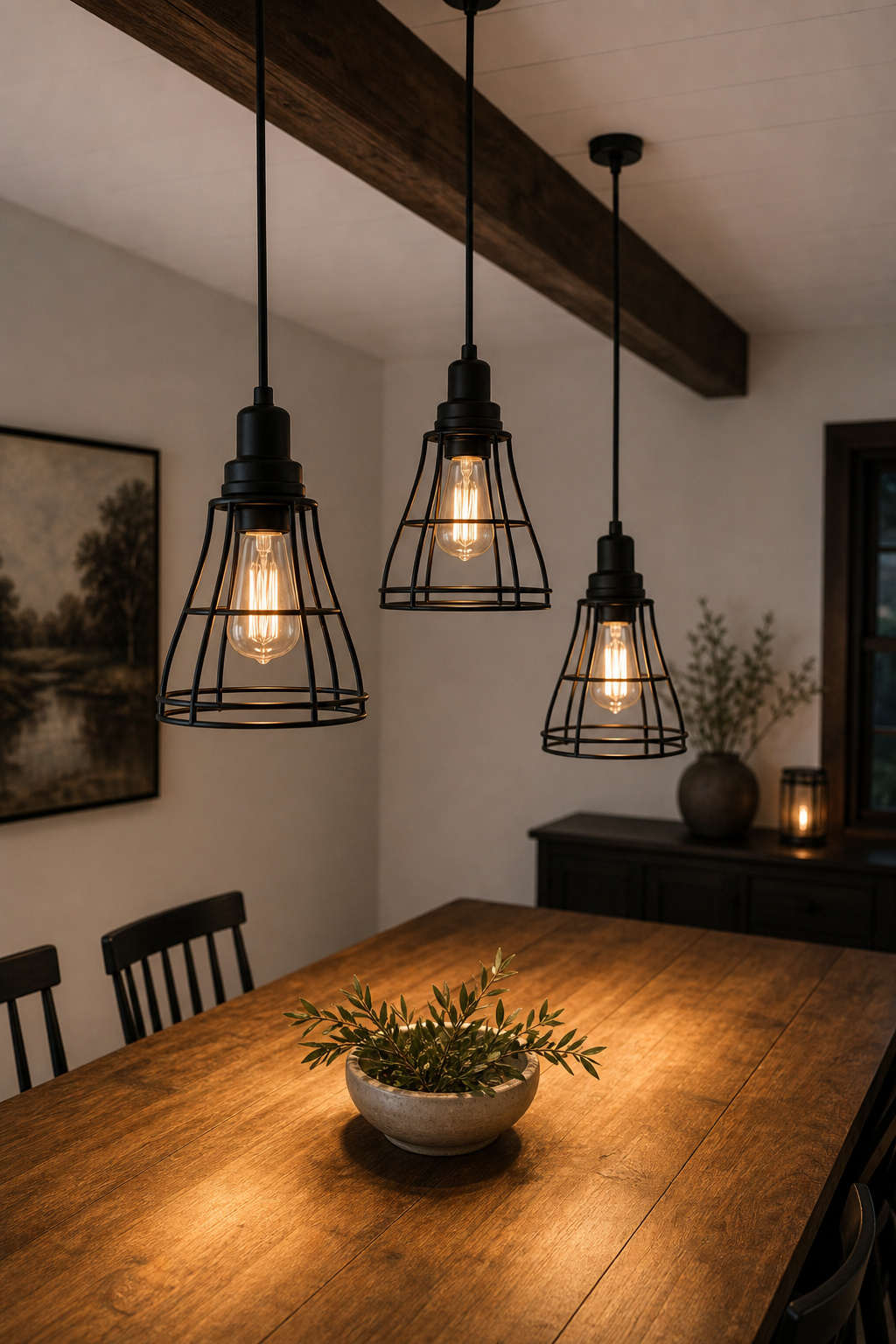 Cluster of three matte-black open-cage pendant lights above a modern farmhouse dining table with warm Edison bulbs and exposed wood beam ceiling