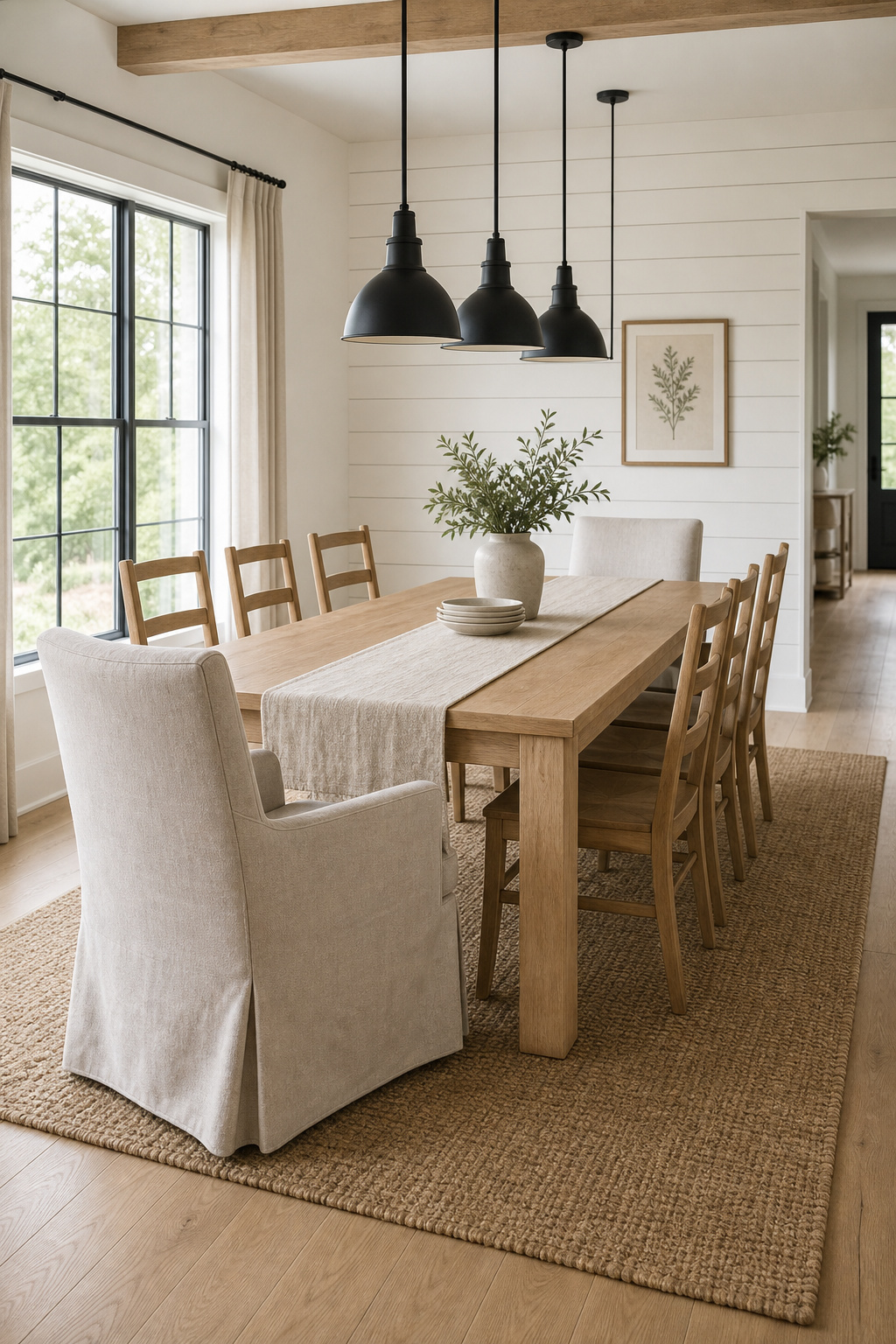 Modern farmhouse dining room with solid oak table, linen slipcovered chairs, matte black pendant lights, and warm white shiplap accent wall