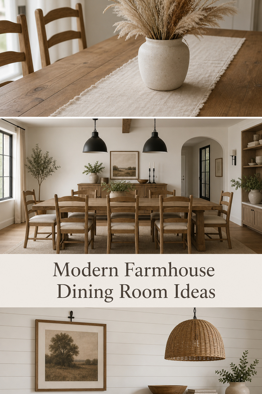 Pinterest collage of modern farmhouse dining room ideas showing solid wood table details, neutral seating, and shiplap wall decor