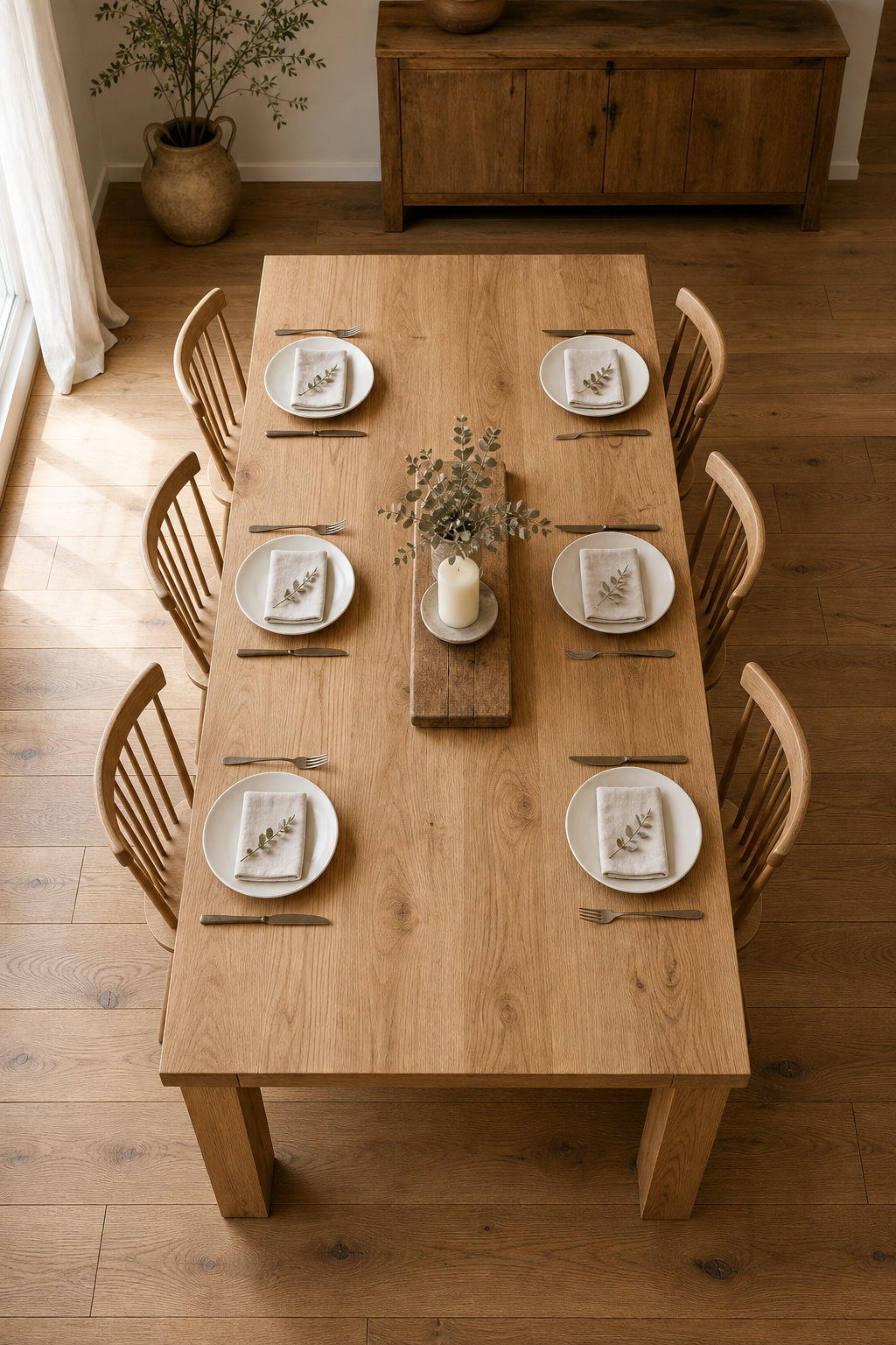 Overhead view of a modern farmhouse dining table in solid white oak with natural grain, simple stoneware place settings, and a minimal centrepiece