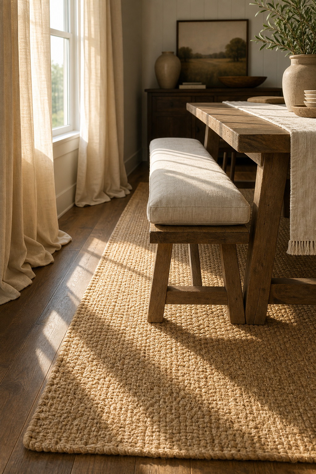Modern farmhouse dining room floor-level detail showing jute rug, linen curtains, wooden bench with linen cushion, and table runner in layered natural textiles