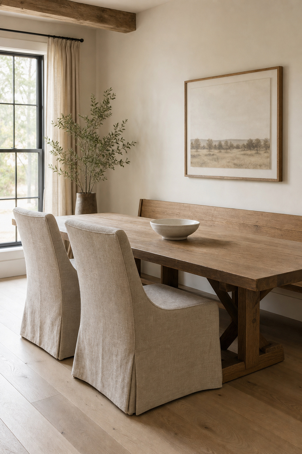 Modern farmhouse dining seating mix of natural wood bench and oatmeal linen slipcovered chairs around a solid wood table