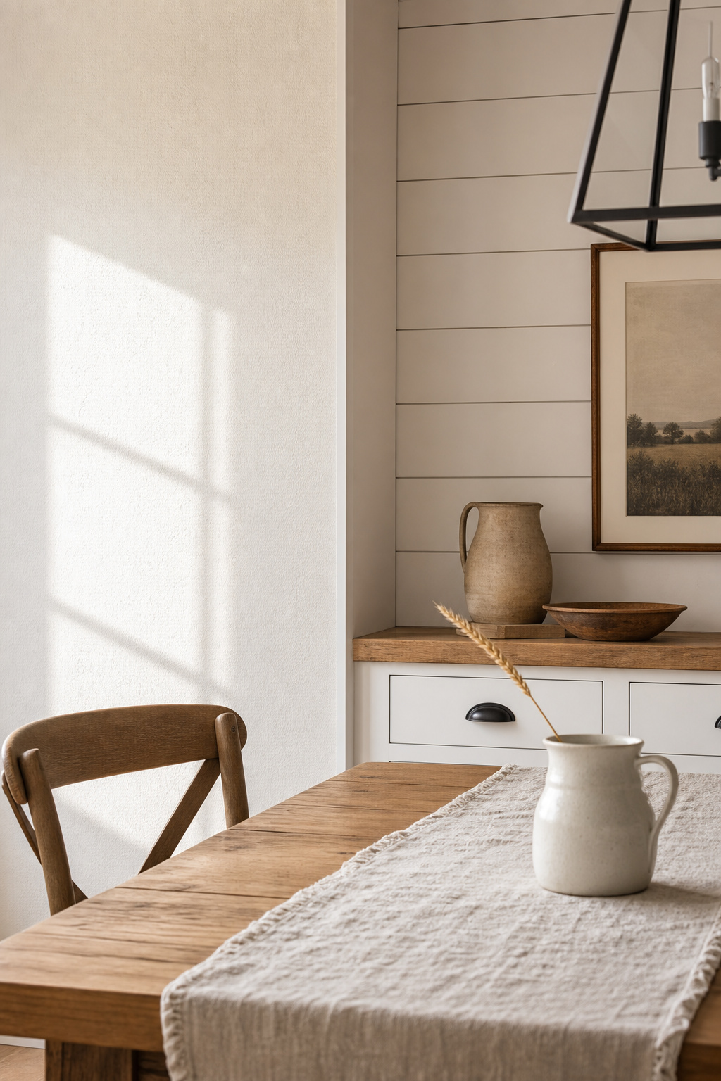 Modern farmhouse dining room palette detail showing warm white walls, white shiplap, natural oak table, and neutral linen accents