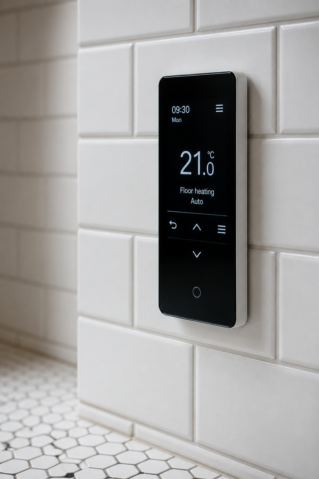 Slim modern floor-heating thermostat mounted on white subway tile in a period bathroom — the one visible modern element in a period surface