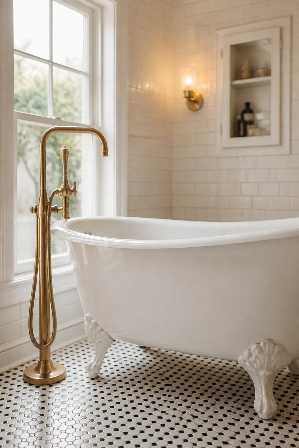 White clawfoot tub with brushed-brass freestanding faucet on a black-and-white penny-tile floor in a modern vintage bathroom
