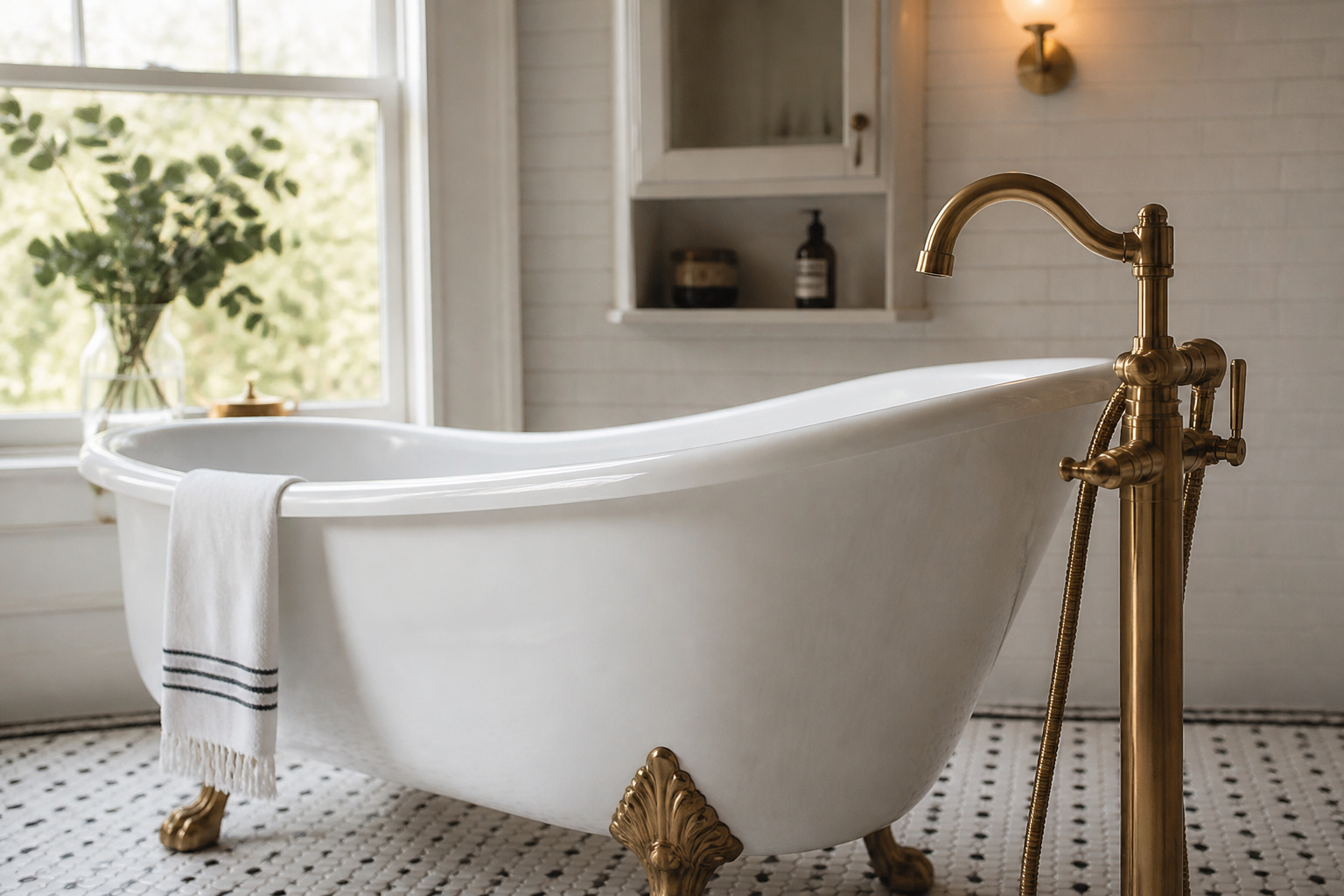 White clawfoot tub with brushed-brass freestanding faucet on a black-and-white penny-tile floor in a modern vintage bathroom