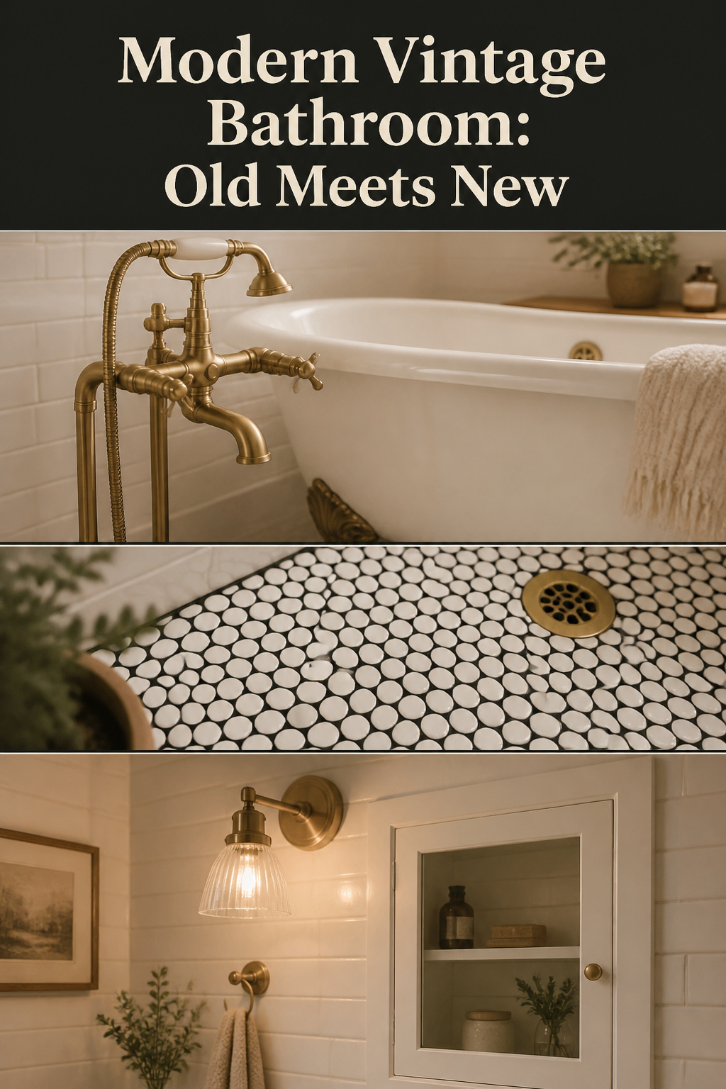 Pinterest collage showing modern vintage bathroom details: brass clawfoot faucet, penny tile floor, and brass wall sconce over recessed cabinet