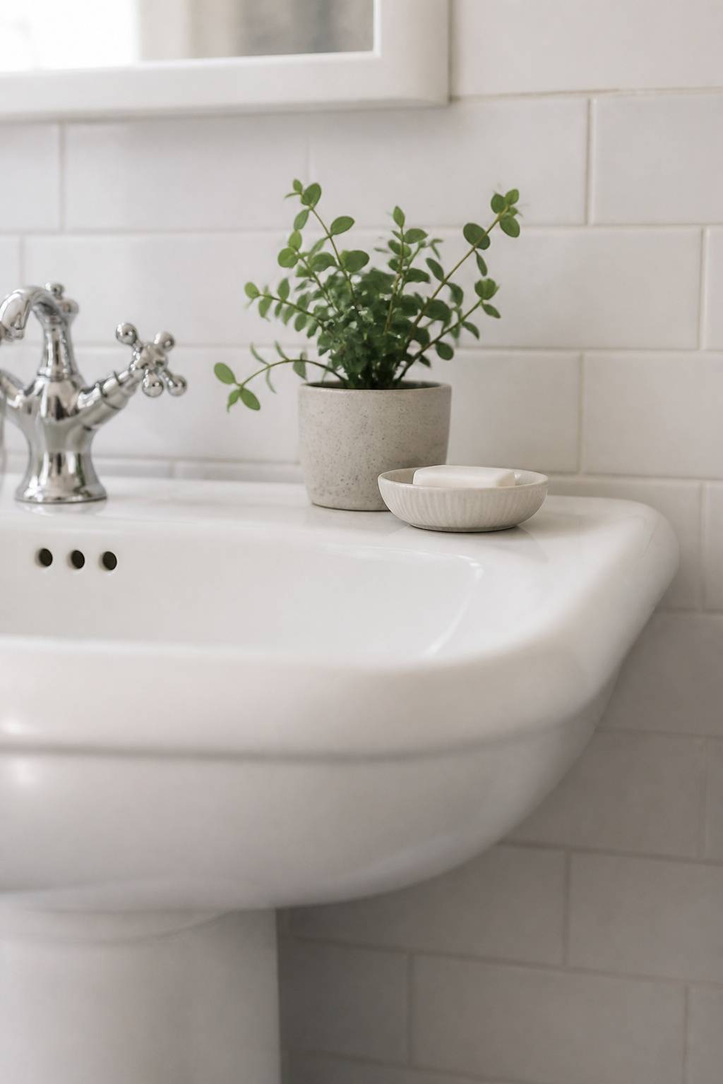 White pedestal sink with a single small plant and one soap dish — nothing else on the counter, showing deliberate restraint in a modern vintage bathroom