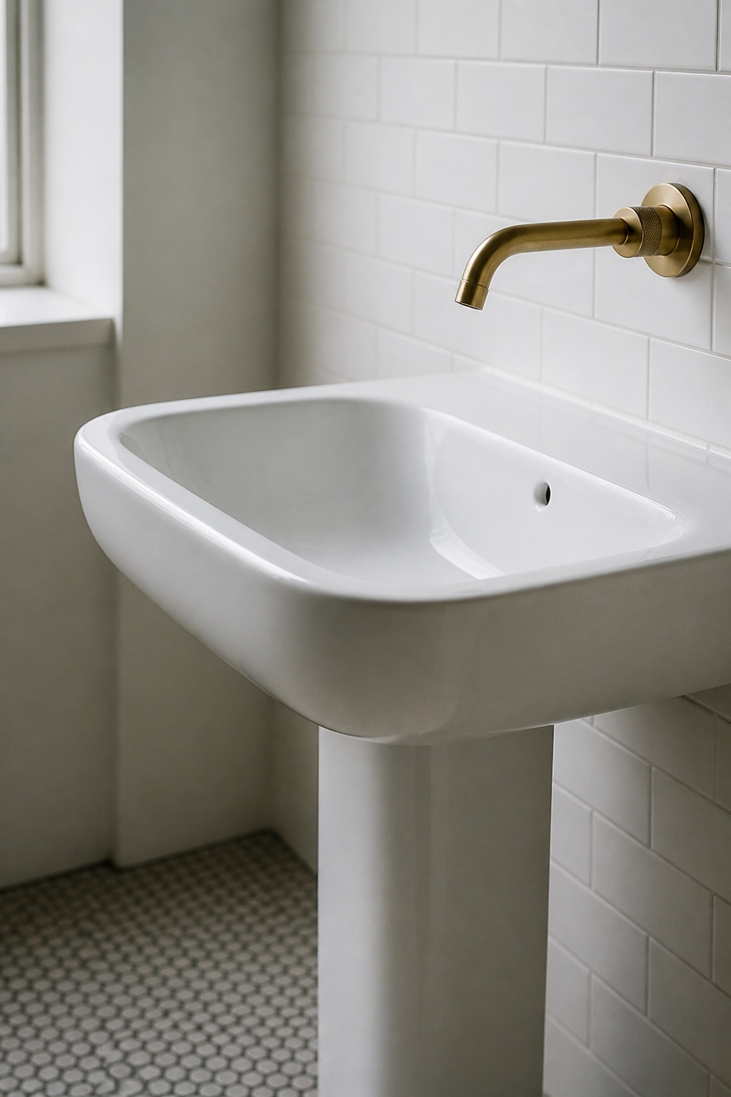 Bare white pedestal sink with a single brushed-brass wall faucet on a penny-tile floor — an example of deliberate restraint in a modern vintage bathroom