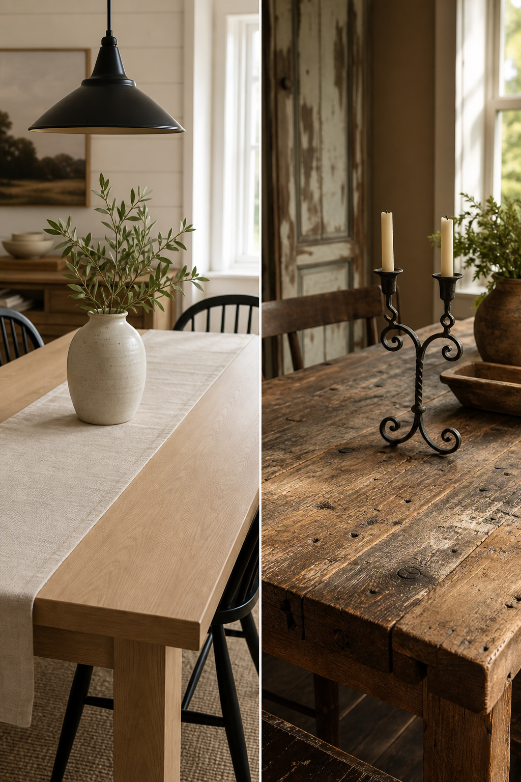 Side-by-side comparison of modern farmhouse dining table with smooth white oak and rustic farmhouse with reclaimed distressed wood