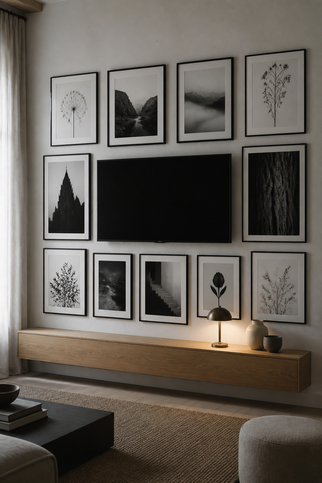 Black and white gallery wall around a switched-off TV with dark-toned prints at the screen perimeter and lighter prints at the outer edges, oak shelf and brass lamp below