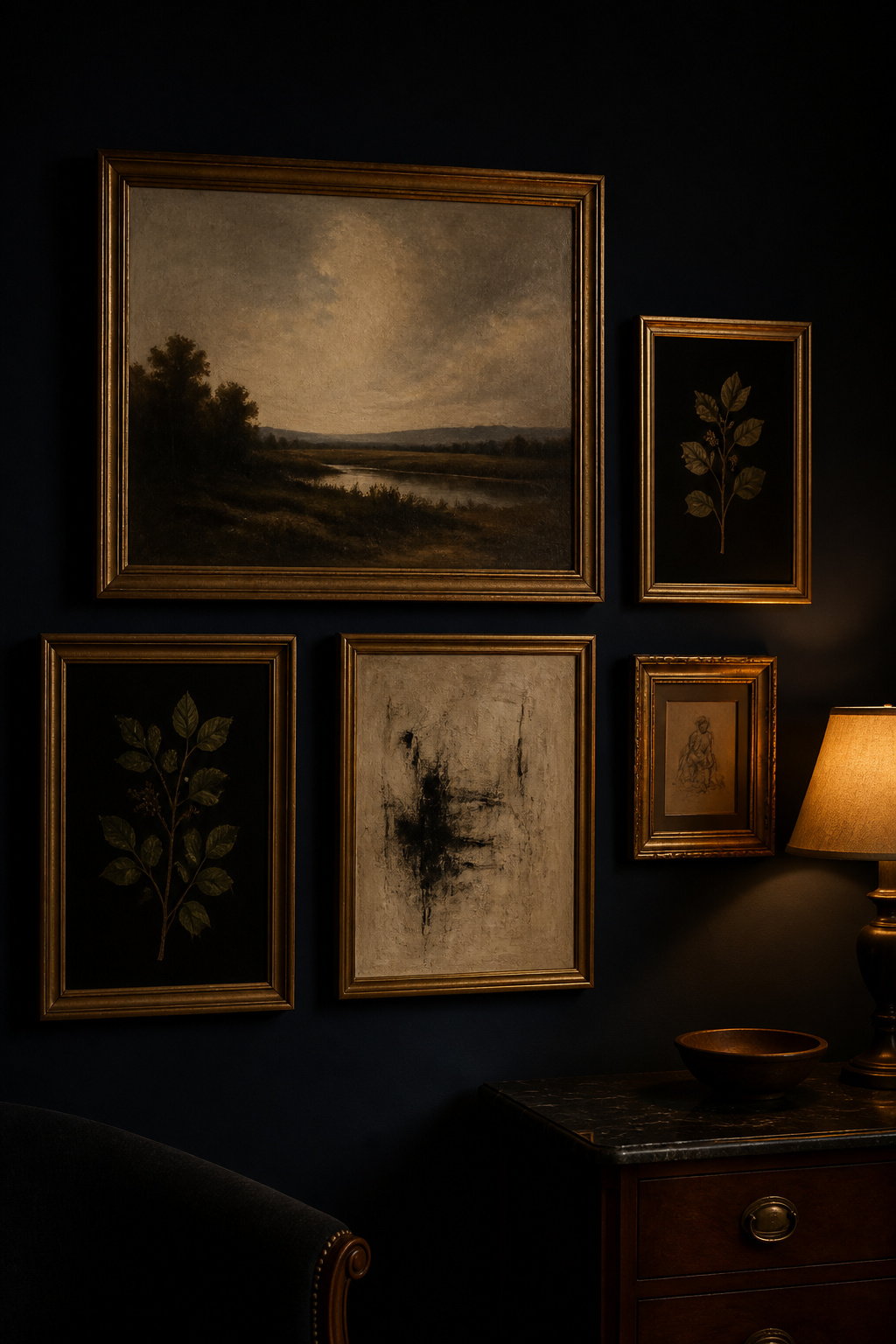 Gallery wall of five gold-leaf framed paintings arranged asymmetrically on deep navy-black wall in a moody living room