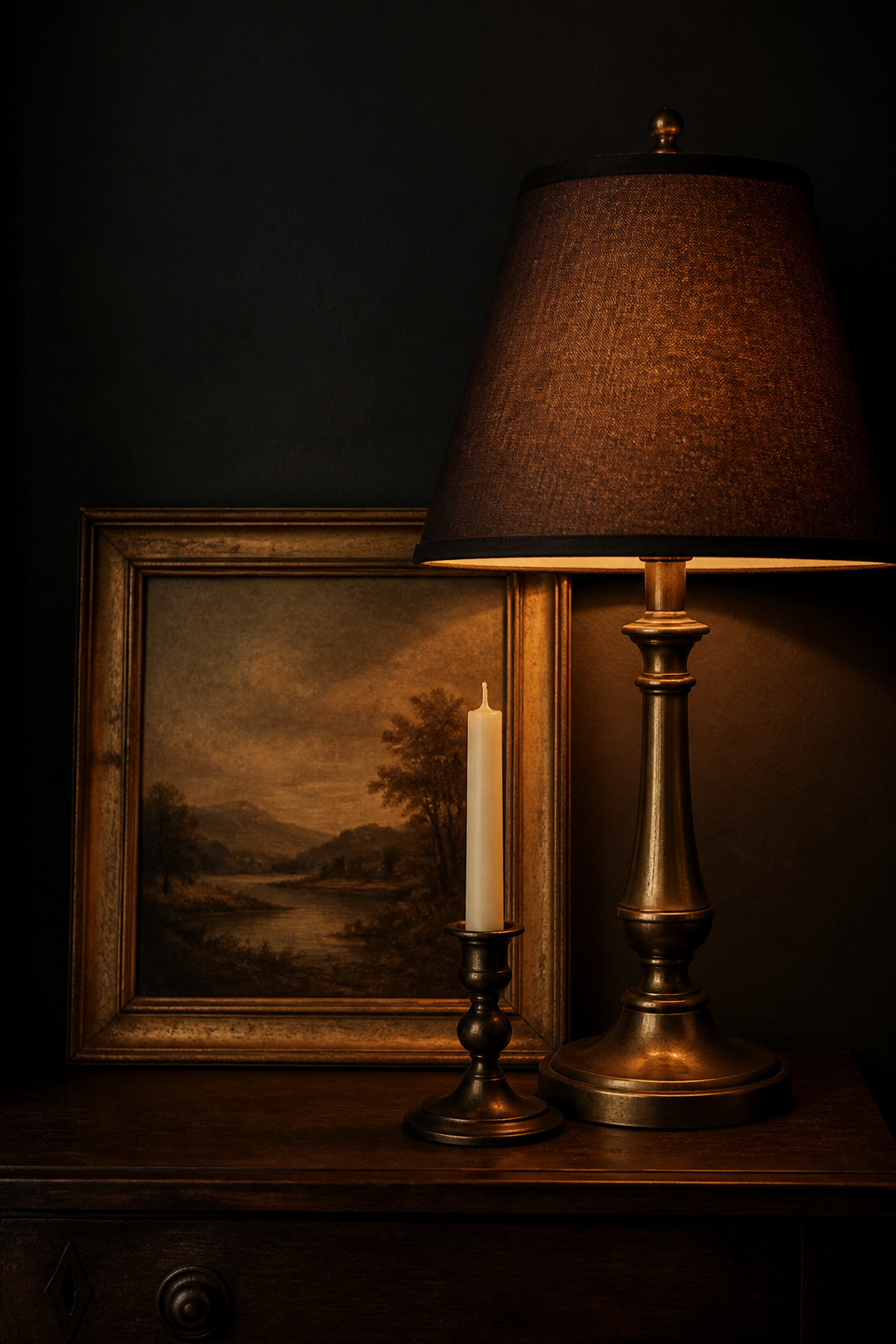Aged-brass table lamp and bronze candleholder against dark charcoal wall showing warm metal accent styling for a moody living room