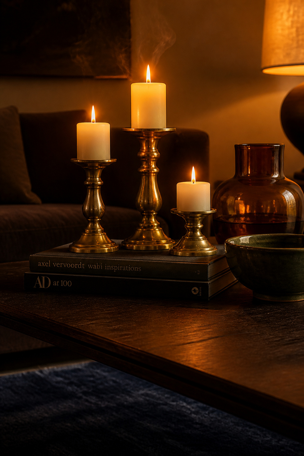 Dark walnut coffee table styled with three patinated brass candlesticks with lit candles, dark amber glass vessel and green ceramic bowl