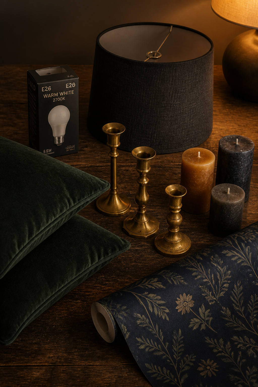 Flat-lay of budget moody living room purchases — warm LED bulb, dark lamp shade, velvet cushions, thrifted brass candlesticks and peel-and-stick wallpaper on dark walnut surface