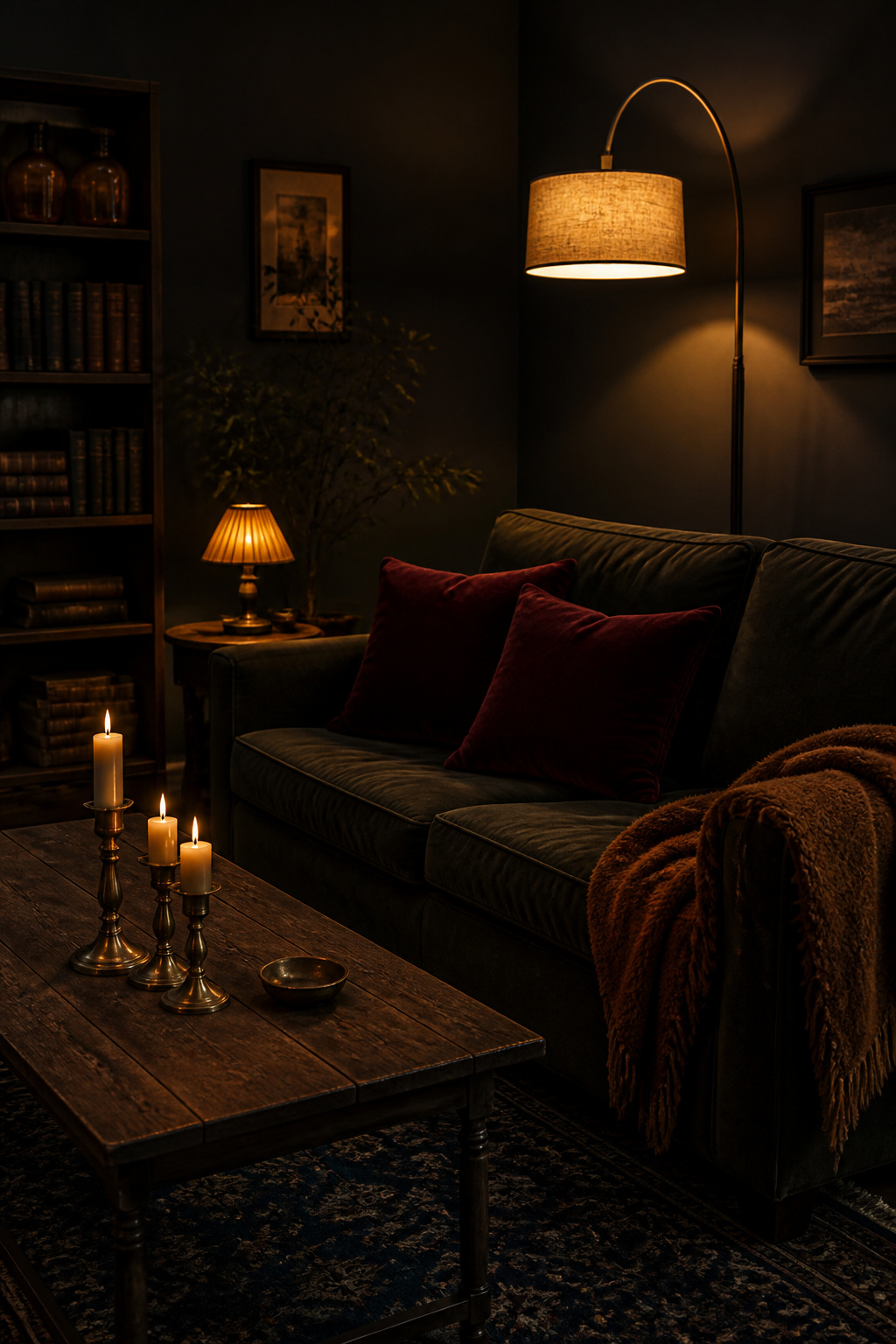 Budget moody living room lit by floor lamps and table lamps — velvet cushions, thrifted brass candlesticks and dark rug create atmosphere without painting