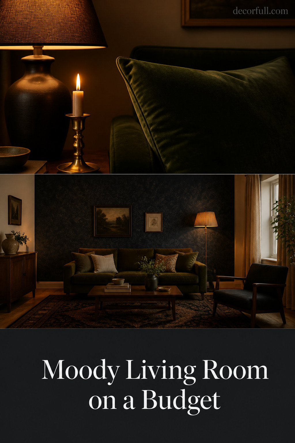 Pinterest collage for moody living room on a budget — dark lamp shade close-up, peel-and-stick accent wall, charcoal text overlay panel