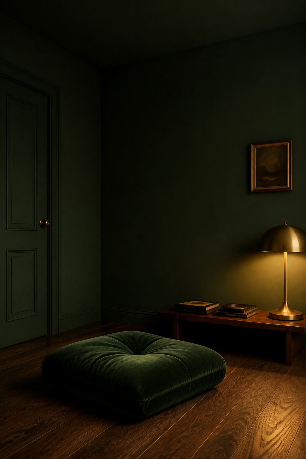 Color-drenched living room corner with deep green on walls, ceiling, door frame and door — the junction between surfaces invisible in the flat matte finish