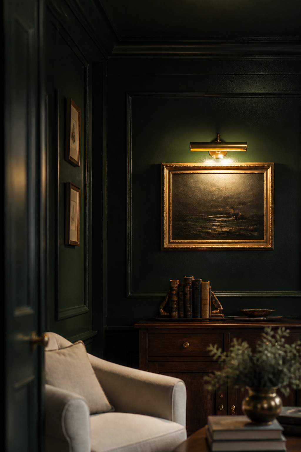 Colour-drenched living room nook with deep forest green walls, ceiling and skirting, brass picture light illuminating a dark painting