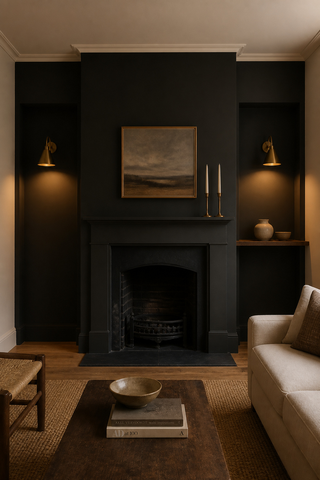 Living room chimney breast and flanking alcoves painted in deep charcoal near-black — a unified dark accent composition with brass wall lights and warm off-white adjacent walls