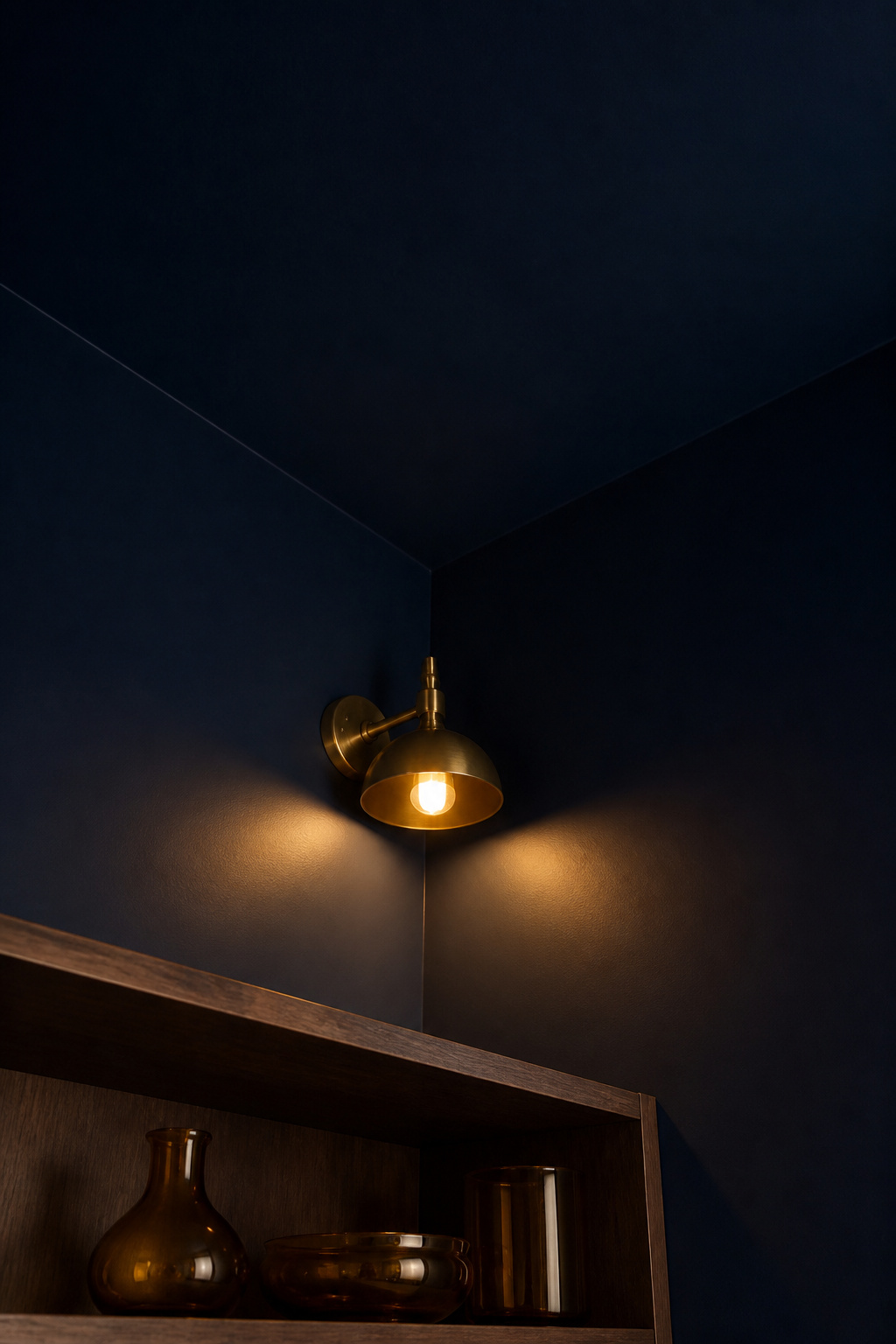 Dark navy matte ceiling meeting identically painted walls in a moody living room corner — brass wall light providing warm amber contrast