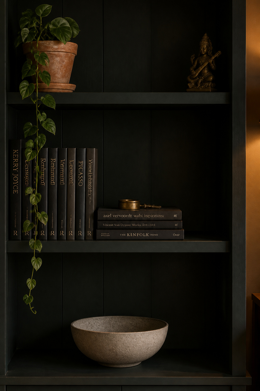 Dark bookcase styled with deliberate negative space, dark-spined art books, trailing plant and aged-brass accent in moody living room