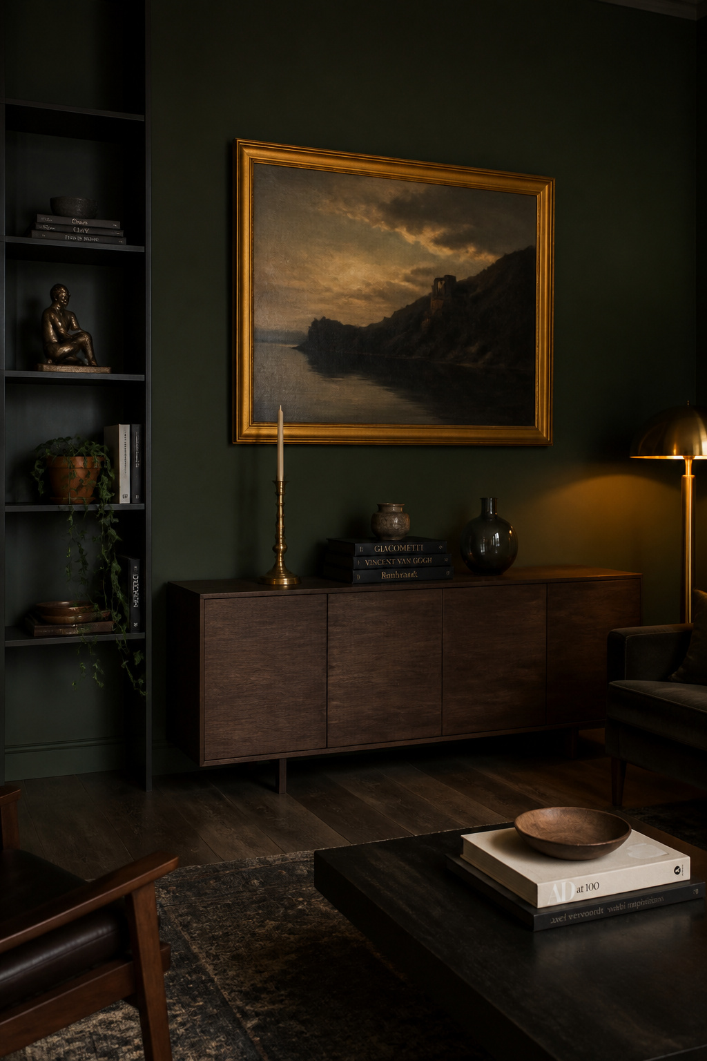Moody living room with dark walls styled using aged brass accents, framed oil painting and collected objects on dark shelving