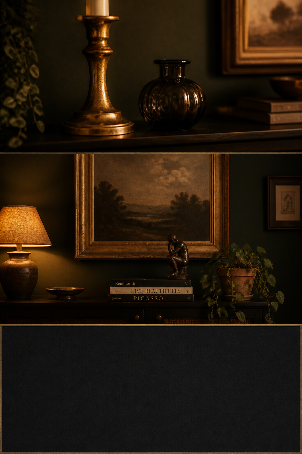 Pinterest collage showing moody living room decor ideas — aged brass accents, gold-framed art and dark shelf styling with collected objects