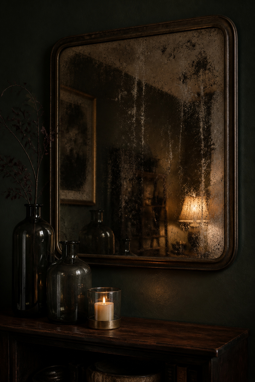 Antique foxed mirror above dark walnut shelf with three smoked-glass vessels in a moody green living room