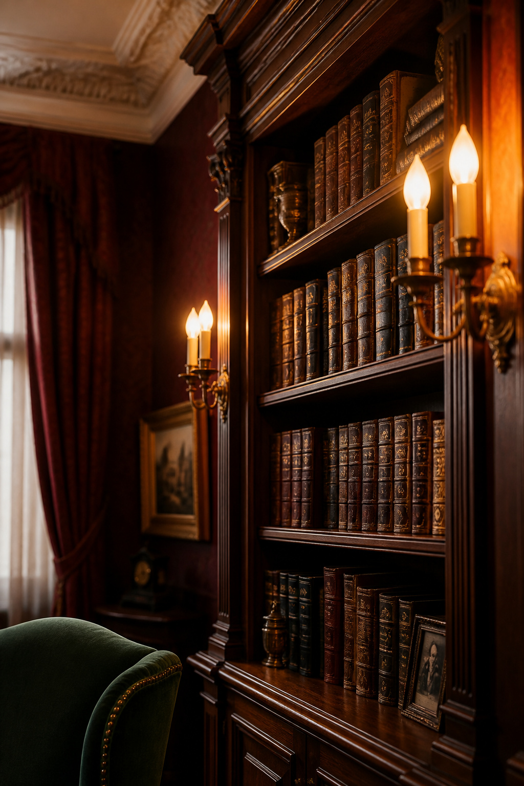 Dark Victorian-style sitting room corner with burgundy wallpaper, dark walnut bookcase, brass sconces and green velvet chair