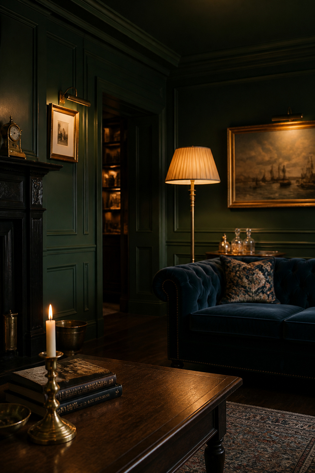 Moody living room with deep green colour-drenched walls, velvet sofa, brass floor lamp and layered warm lighting