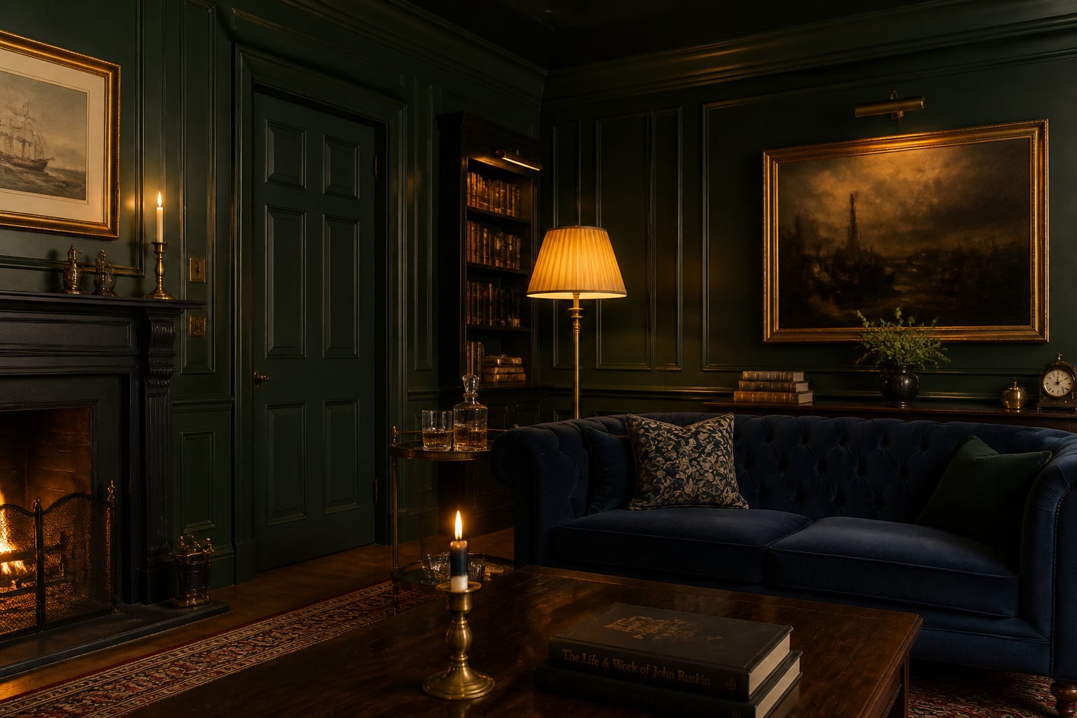 Moody living room with deep green colour-drenched walls, velvet sofa, brass floor lamp and layered warm lighting