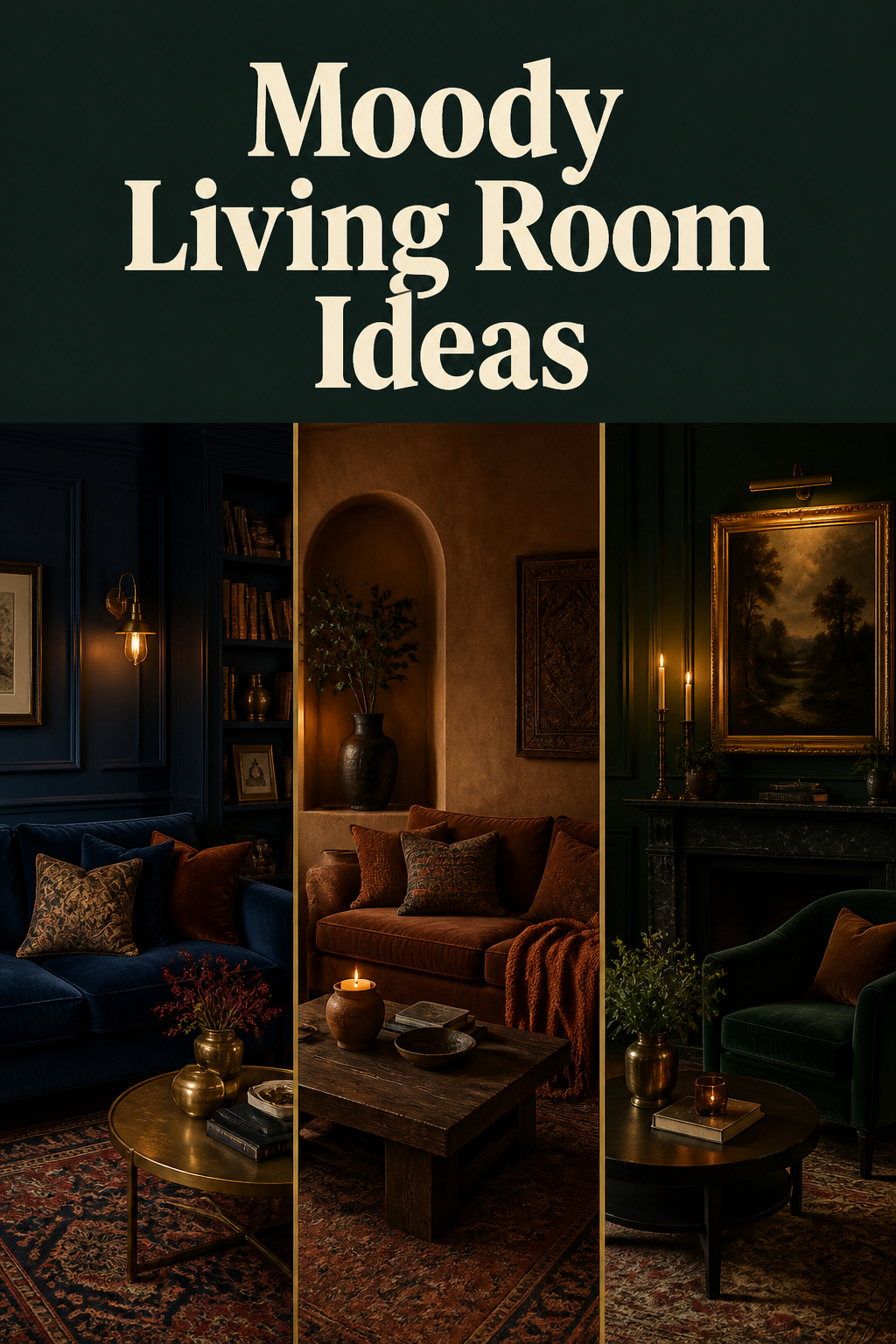 Collage of four moody living room ideas showing deep green, navy, earthy brown and candlelit dark interiors