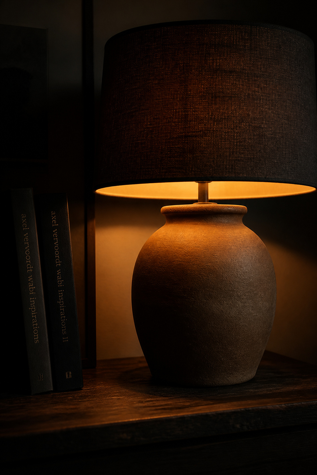 Close-up of table lamp with charcoal drum shade casting warm amber 2700K pool of light on dark wood side table