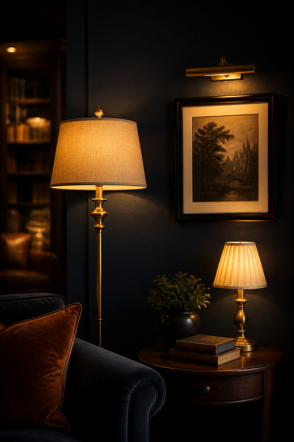 Dark navy living room corner with three layered warm light sources — brass floor lamp, side table lamp and picture light — creating interlocking amber pools