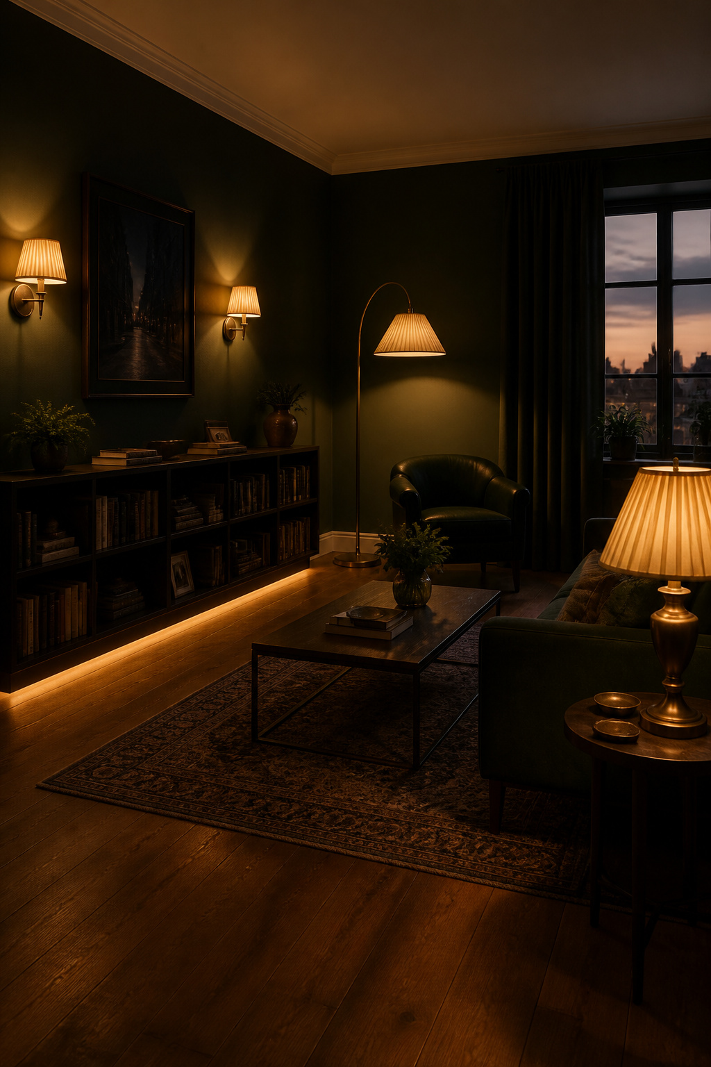 Moody living room lit with layered floor lamp, table lamp and wall sconces at warm 2700K — no overhead light