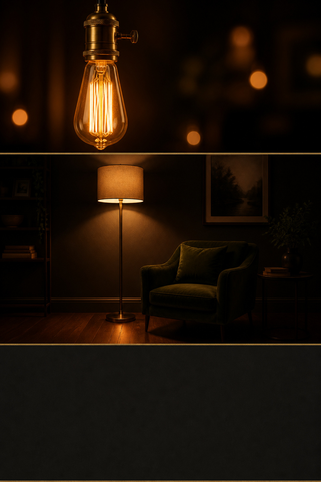 Pinterest collage showing moody living room lighting ideas — warm bulb glow, floor lamp corner and layered atmosphere